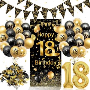 MEVRONISSHOP-18e anniversaire kit d&eacute;co noir et or &iquest; D&eacute;coration compl&egrave;te pour gar&ccedil;ons & filles avec banni&egrave;re g&eacute;ante, guirlande triangulaire, ballon chiffre, ballons et confettis - Neuf