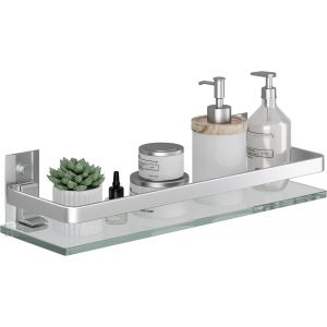 JEXNOVASHOP-tagère Murale en Verre Tablette Salle de Bain,étagères murales en Verre trempé de 6 mm d'épaisseur pour Salle de Bain avec Support en Aluminium, Organiseur de shampooing, argenté - Neuf