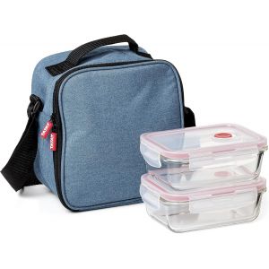 Mevronisshop-Sac Isotherme Repas - Urban Food Casual Glass 3,5l | 2 Bo&icirc;tes En Verre 0,57l | Triple Isolation | Corps Semi-Rigide | Poche Int&eacute;rieure | 22x12x21,5 Cm, Bleu Denim - Neuf
