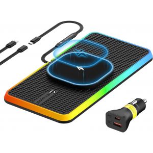 Tapis De Recharge Sans Fil De Voiture Rgb Pour Magsafe, Chargeur Sans Fil De Voiture Magn&eacute;tique De 15 W Avec Led, C&acirc;ble De 30 Cm + Rallonge De 70 Cm Compatible Avec Iphone 16-12 Pro, Airpods - Neuf