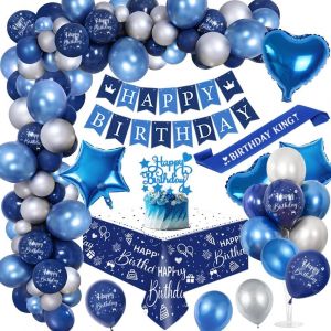 AYUHR-16 Ans Décoration Anniversaire Garçons Chrome Bleu Argent,Royal Bleu Ballons Arch Kit avec Joyeux Anniversaire Bannière Cake Topper Nappe Birthday Sash Grand Ballon Numéro 16 - Neuf