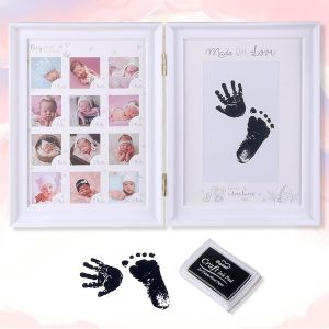 Kit Empreinte Pieds et Mains B&eacute;b&eacute;,Cadre Photo Registre de Croissance de La Premi&egrave;re Ann&eacute;e Cadeaux pour B&eacute;b&eacute;, Pliable Cadre Photo Bidirectionnel Avec Tampon Encreur Rechargeable (Blanc) - Neuf