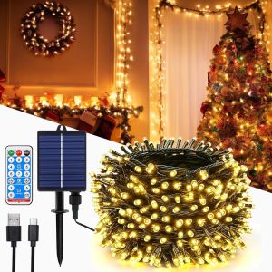 TIANYI-Guirlande Lumineuse exterieure Solaire 10m 100LEDs Guirlande Solaire Lumineuse avec t&eacute;l&eacute;commande, 8 Modes, Minuterie, Gradable Guirlande exterieur jardin, pour balcon, f&ecirc;tes, No&euml;l (blanc chaud - Neuf