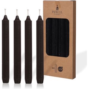 Lot de 4 bougies de table unies + nervur&eacute;es-20 cm-Dur&eacute;e de combustion : 7 heures-Noir - Neuf