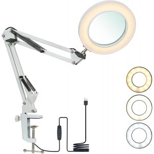 Lampe Loupe À Led Avec Pince, Loupe Avec Lumière De 8 Dioptries Lampe De Loupe Éclairées 3 Couleurs Bras Pivotant, Dimmable Lumière Pour La Lecture Pour Table Ou Atelier(8x) - Neuf