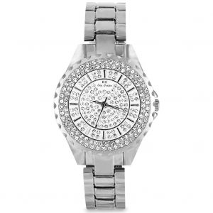 Femmes Alliage Sangle Strass Cadran Rond Quartz Mouvement Montre Analogique (Argent) - Neuf
