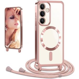Sansh-Coque Avec Cordon Pour Samsung Galaxy S24 Fe 5g, Coque Magnétique De Cellulaire Corde Transparent Silicone Étui En Galvanisé Avec Réglable Collier Téléphone Chaîne Lanyard Housse, Or Rose - Neuf