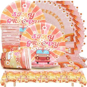 Letnerny-Décorations De Fête Groovy, Y Compris Une D'anniversaire Bohème Hippie Nappe, Des Assiettes En Carton, Des Tasses, Des Serviettes ,Vaisselle De Fête Arc-En-Ciel Boho 16 Invités - Neuf