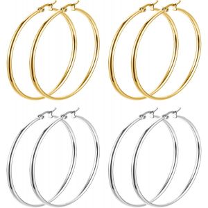 Kal-/5/6 Paires Boucles D'oreilles Femme Acier Inoxydable, Creoles Or Argent Femme, Grandes Creole Cr&eacute;ole Acier Inoxydable, Creoles 20/30/40/50/60/70mm - Neuf