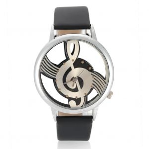 Montre De Couple Analogique À Quartz Ronde Creuse Note De Musique Cadran Pu Bracelet (Bracelet Noir) - Neuf