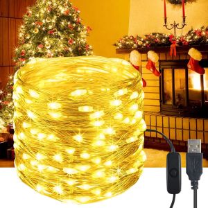 KAL-Guirlande Lumineuse Led Usb, 10 M, 100 Led, Étanche, Avec Interrupteur, Micro Fil De Cuivre, Pour L'Extérieur Et L'Intérieur, Pour Bricolage, Noël, Chambre, Fête, Mariage, Blanc Chaud - Neuf