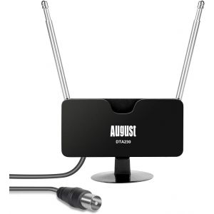 Antenne TV Intérieur TNT HD Puissante et Portative-DTA230-Réception sur Télévision Décodeur TNT Radio Dab avec Double Tige Extensibles UHF Mini Discrète-2m de câble + Ventouse pour vitre - Neuf