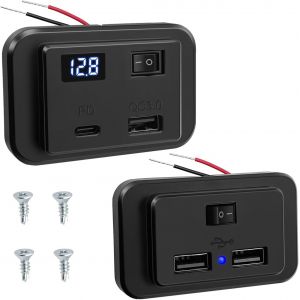 2 prises USB 12 V avec voltm&egrave;tre &agrave; LED et interrupteur, 12 V Type C et QC3.0 Panneau de prises allume-cigare pour voiture, 4,8 A double panneau de prise USB C pour bateau/camping-car - Neuf