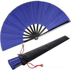 KALANKA-Lot de 2 grands éventails pliants en soie chinoise - Tai Chi - Tissu en nylon - Avec manches de support - Pour la performance - Décoration de danse - Festival (bleu) - Neuf