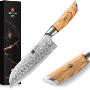 Jexnovashop-Acier Damas 18.2cm Couteau Santoku,Tranchants Couteaux De Cuisine Acier En Poudre De Damas 73 Couches Couteau &Agrave; L&eacute;gumes Couteau De Chef-Poign&eacute;e Ergonomique En Bois D'olivier-S&eacute;rie Lan - Neuf