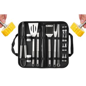 Ensemble d'ustensiles de barbecue en acier inoxydable de 21 pi&egrave;ces avec bo&icirc;te de rangement pour grillades en ext&eacute;rieur - Neuf