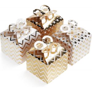 Lot de 20 Boite Cadeau Carton Kraft Dorée et Blanche avec N?ud¿ 9,5 x 8 cm - Boite Papier Kraft avec Zig Zag et Étoiles pour Anniversaire Enfants, Goûter, Naissances et Mariages - Neuf