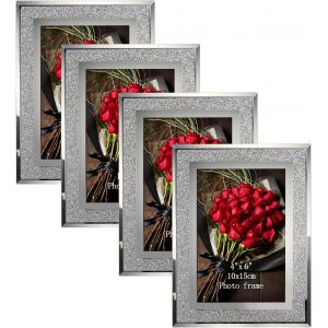 Cadre Photo 10x15 en Verre, Lot de 4 Cadres en Argent et paillettes &agrave; Poser sur Mural - Neuf