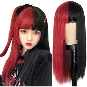 Kalanka-Longue Demi Rouge Demi Noir Perruque Avec Poney Droite Halloween Cosplay Perruque F&eacute;minine Synth&eacute;tique - Neuf