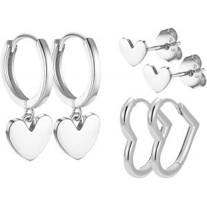 3 Paires Boucles D'oreilles Argent 925 Boucles D'oreilles Coeur Femme Boucles D'oreilles Cr&eacute;oles Argent Boucles D'oreilles Femme Boucles D Oreilles Pendantes Clous D'oreilles Fille Petite - Neuf