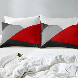 Sjzg-Ensemble De Literie 140x200 Rouge Noir Et Gris, Housse De Couette G&eacute;om&eacute;trique En Patchwork Pour Enfants Gar&ccedil;ons Filles, Parure De Lit Imprim&eacute; Triangle Simple, Couvre-Lit G&eacute;om&eacute;trique Moderne - Neuf