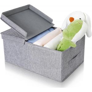 Bo&icirc;te de Rangement avec Couvercle-Design Rabattable,29L Capacit&eacute;,En Tissu Lin,Pliable et Empilable,Id&eacute;ale pour V&ecirc;tements et Accessoires-Gris-48x29x21cm - Neuf