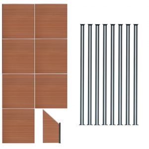 Kit Clôture Panneaux En Bois Composite Brun 7 Quadratique Et 1 Incliné 185 H X 13,1 M L & 8 Poteaux En Aluminium À Led Solaires Lames À Emboîter Texture Bois Reversible Pvc Brise-Vue Extérieur Jardin - Neuf