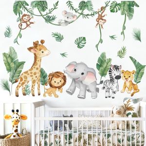 ERYI-Stickers Muraux Animaux De La Jungle Tropicales Vigne Autocollants Muraux Mural Stickers Safari Éléphant Girafe Zèbre Pour Chambre Enfants Bébé Pépinière Salon - Neuf