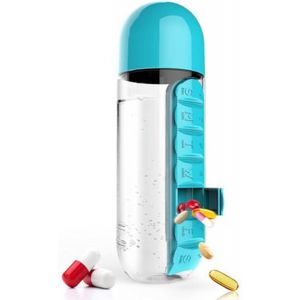 Étui À Gobelet À Médicaments Deux En Un (Bleu), Bouteille D'eau Portable D'extérieur Avec Boîte À Médicaments, Bouteille D'eau Portable De 600 Ml, Pilulier 7 Jours Org - Neuf