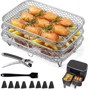 Air Fryer Racks, 3 Pi&egrave;ces 304 Acier Inoxydable Air Fryer Panier Tray Accessoires Friteuse &agrave; Air Chaud 3 Couches Empilable avec Clip pour four Micro-ondes (Carr&eacute;) - Neuf