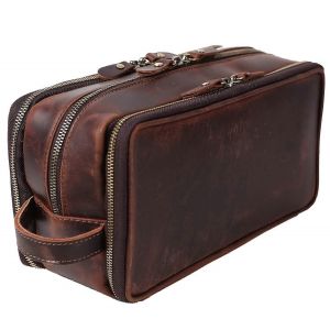 Trousse de toilette de voyage pour homme, grand format, en cuir pleine fleur couleur caf&eacute; - Neuf