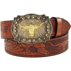 Cauc-Ceintures De Cowboy En Cuir Western Avec Boucle En Forme De Taureau En Relief Floral Pour Homme (120 Cm De Long), Dor&eacute;, Taille Unique - Neuf