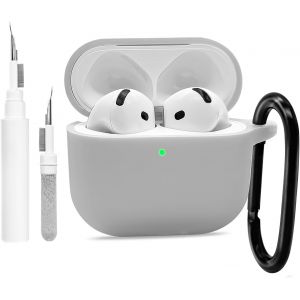 Silicone Coque Compatible avec AirPods 4 avec kit de Nettoyage, Protection &eacute;tui pour AirPods 4e G&eacute;n&eacute;ration avec Mousqueton, pour AirPods 4 Case, Prise en Charge du Chargement sans Fil(Gris) - Neuf
