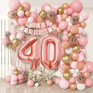 SJZG-D&eacute;corations Or Rose Pour 40E Anniversaire Pour Femme, Kit De Guirlande D'Arche De Ballons Avec Ballons En Aluminium En Forme De Chiffre 40, Banni&egrave;re &laquo; Happy Birthday &raquo;, Ballons Confettis Pour Fe - Neuf