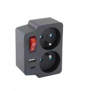 Biplite Domino 2X16A + 1xUSB-A + 1xUSB-C avec Interrupteur Noir - Neuf