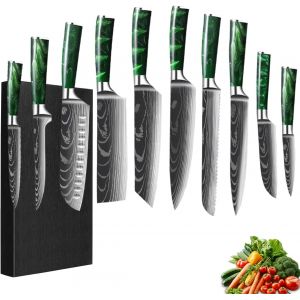 Mevronisshop-Coffret De Couteaux, 10 Pi&egrave;ces, Manche En R&eacute;sine, Ensemble De Couteaux De Cuisine Avec Couteau De Chef, Couteau &Agrave; Pain, Couteau Santoku Et Couteau D'office, Motif Damas-Vert - Neuf