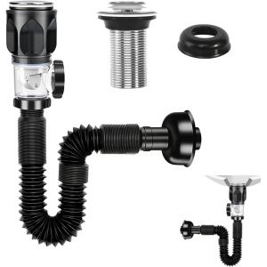 KALANKA-Kit de &Eacute;gouttoir de Bonde de Lavabo Universel &Eacute;gouttoir Siphon Lavabo avec Tuyau de Vidange Flexible R&eacute;tractable et Bouchon D&eacute;vier &Agrave; Filtre Pop-up Kit de Vidange D'&Eacute;vier pour Salle de Bain Cu - Neuf