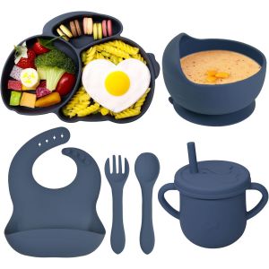Kal-Coffret Repas B&eacute;b&eacute; 6 Pi&egrave;ces Assiette Compartiment Avec Ventouse Bol Fourche Cuill&egrave;re Bavoir Et Tasse Set Vaisselle Silicone Repas B&eacute;b&eacute; Sans Bpa Pour Lave Vaisselle Et Au Micro Onde,Bleu Lapin - Neuf