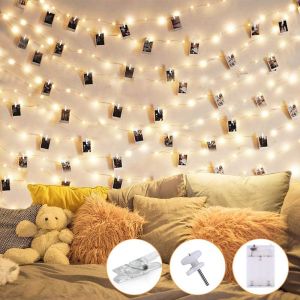 KAL-Guirlande Lumineuse Photo, 12M 100Led Batterie Alimenté Photo Agrafe Fée Lumières Avec 50 Clips Pour Décoration De Chambre, Pour Mur De Photos, Salon, Noël, Mariages, Fête (Blanc Chaud) - Neuf