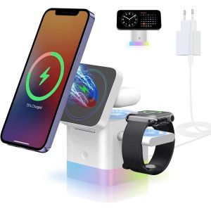 CMJAAGUR-Chargeur Sans Fil Pliable 3 En 1, Station De Charge Rapide Sans Fil 15 W Compatible Avec Le Chargeur Magsafe Pour Iphone Séries 15/14/13/12, Apple Watch, Airpods (Adaptateur Inclus)[M1985] - Neuf