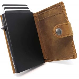 Porte-Cartes Minimaliste - Portefeuilles Pop-Up Avec Blocage Rfid/Nfc - Porte-Cartes De Cr&eacute;dit L&eacute;ger Avec Rangement Pour Les Esp&egrave;ces (Noir Aluminium Avec Cuir De Cheval Fou Brun) - Neuf