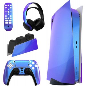 PlayVital Autocollant Skin pour ps5 Manette,Sticker pour ps5 Console Disc Edition & Station de Charge & Casque & T&eacute;l&eacute;commande-Cam&eacute;l&eacute;on Violet Bleu - Neuf