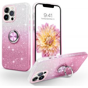 Kalanka-Coque Pour Iphone 13 Pro Max Avec Anneau Rotatif 360° Support De Voiture Magnétiqu, Paillettes Scintillantes Brillantes Etui Protection À Anti-Rayure Antichoc Housse, Dégradé Rose - Neuf