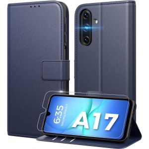 SJZG-Coque Pour Samsung Galaxy A17 5G [Verre Tremp&eacute; Protection] [Blocage Du Signal Rfid] [Premium Pu] [Pochette De Portefeuille] Etui &Agrave; Rabat Pour Samsung A17 -Bleu - Neuf