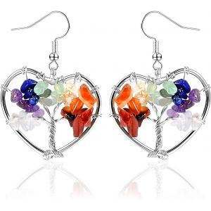 Kal-Bijoux Femme Plaqué Or 18k/Or Blanc Boucle D'oreille/Collier/Parure Pendentif Ronde/Coeur Arbre De Vie Avec Cristaux Chakra À 7 Couleurs Bijoux Relligieux - Neuf
