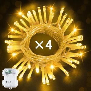 KAL-Guirlande Lumineuse D'Extérieur - 5 M - 50 Led - Blanc Chaud - Avec Minuterie De 6 H - Étanche Ip65 - Pour L'Intérieur, La Chambre, Les Fêtes, Noël Et L'Extérieur (4 Pièces, Câble Transparent) - Neuf