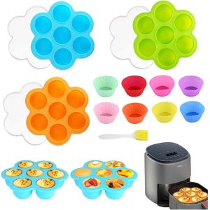 KALANKA-Lot de 3 moules à bouchées en silicone pour friteuse à air, moule à bouchées d'?ufs à 7 trous avec 1 pinceau à huile et 8 moules à muffins, moule à ?ufs réutilisable, moule à bouchées d'?ufs - Neuf