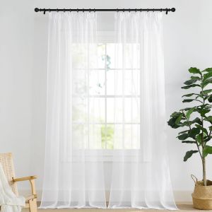 ERYI-Lot De 2 Rideaux Voilage Galon Fronceur Et Passe Tringle, Rideau Blanc Transparent 140X245 Cm(Lxh), Voile Tulle Decoration Pour Fenetre Chambre Maison Salon Interieurs - Neuf