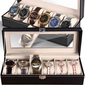 Fdjhy-Boîte À Montres 6 Compartiments Coffret À Montres En Bois Boîte De Rangement En Cuir Pu Coussins Organisateur Pour Homme Femme 6 Emplacements Noir - Neuf