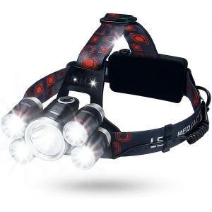Lampe Frontale Led Rechargeable Haute Puissance - 5 Led Cree T6, 4 Modes De Lumi&egrave;re, Piles Incluses, Sangle R&eacute;glable, Pour Randonn&eacute;e, Cyclisme, Chasse Et Camping - Neuf